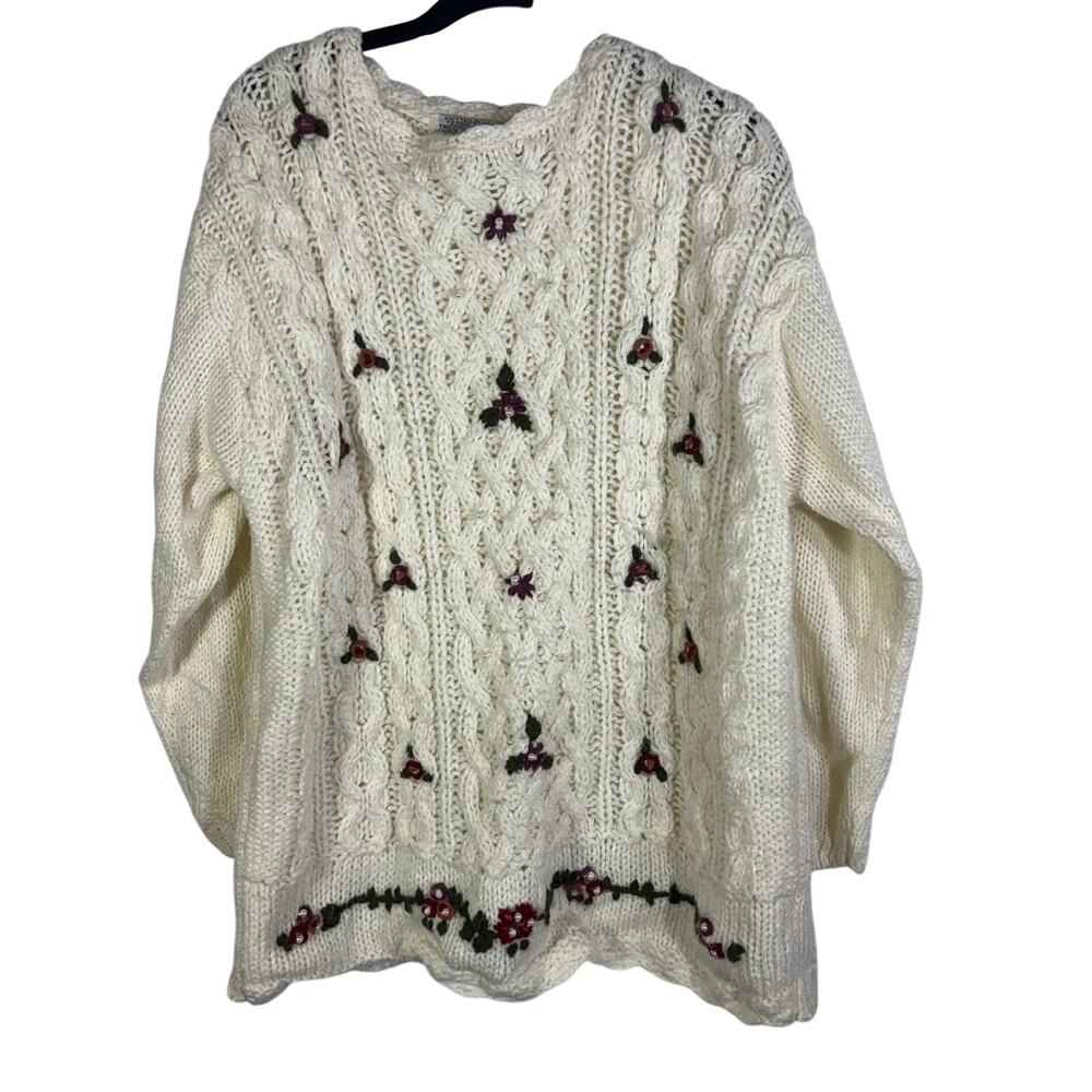 Vintage Bobbie Brooks Hand Knit Cable Sweater L Floral Pearl Cottagecore